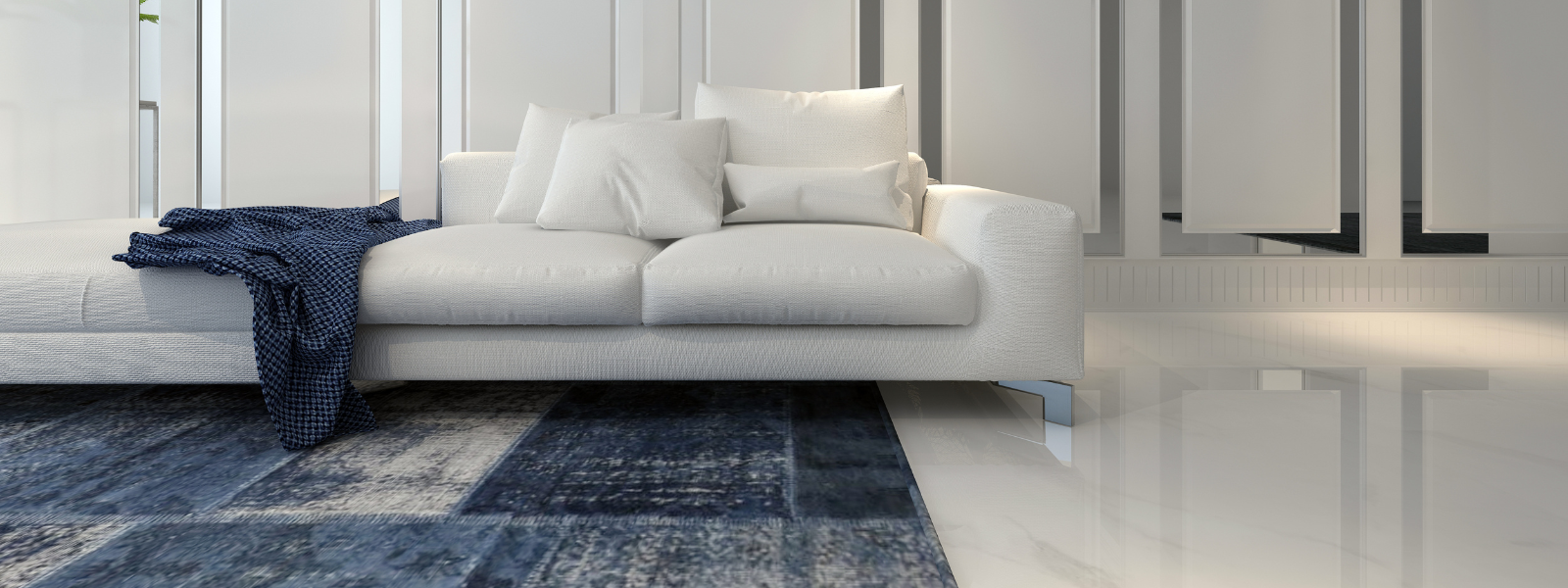 Living Room White Couch Blue Rug